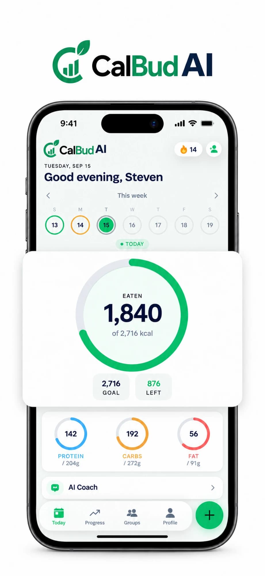 CalBud AI — the Today screen, showing 1,840 of 2,716 kcal eaten with protein, carbs and fat rings below it