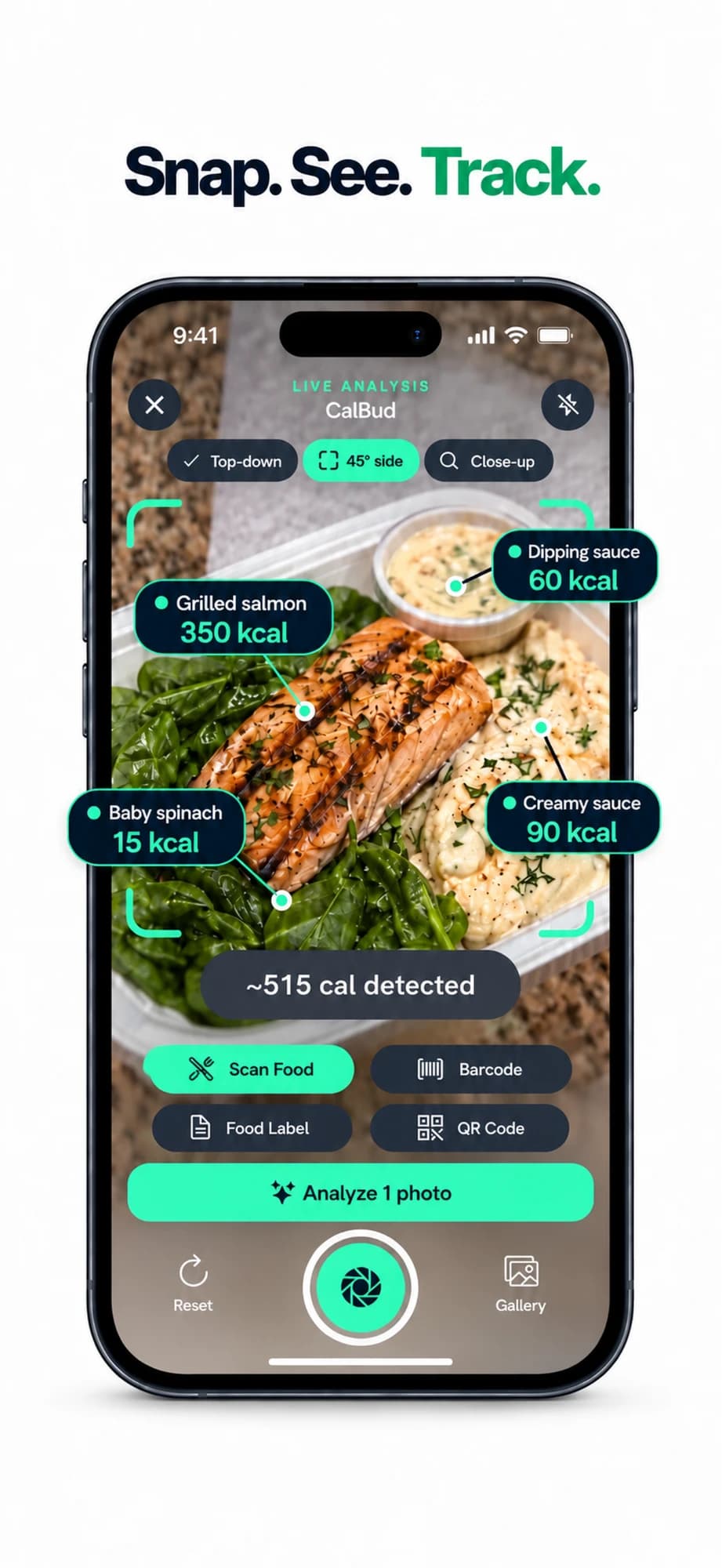 “Snap. See. Track.” — CalBud AI naming grilled salmon, baby spinach and two sauces from one photo and totalling about 515 calories